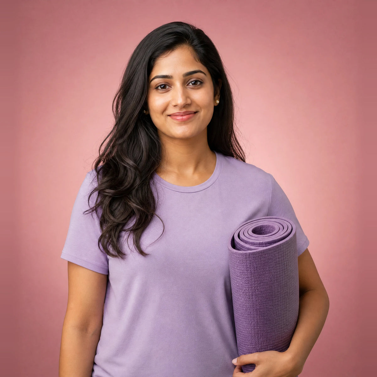 Calm woman in a lavender top holding a rolled yoga mat