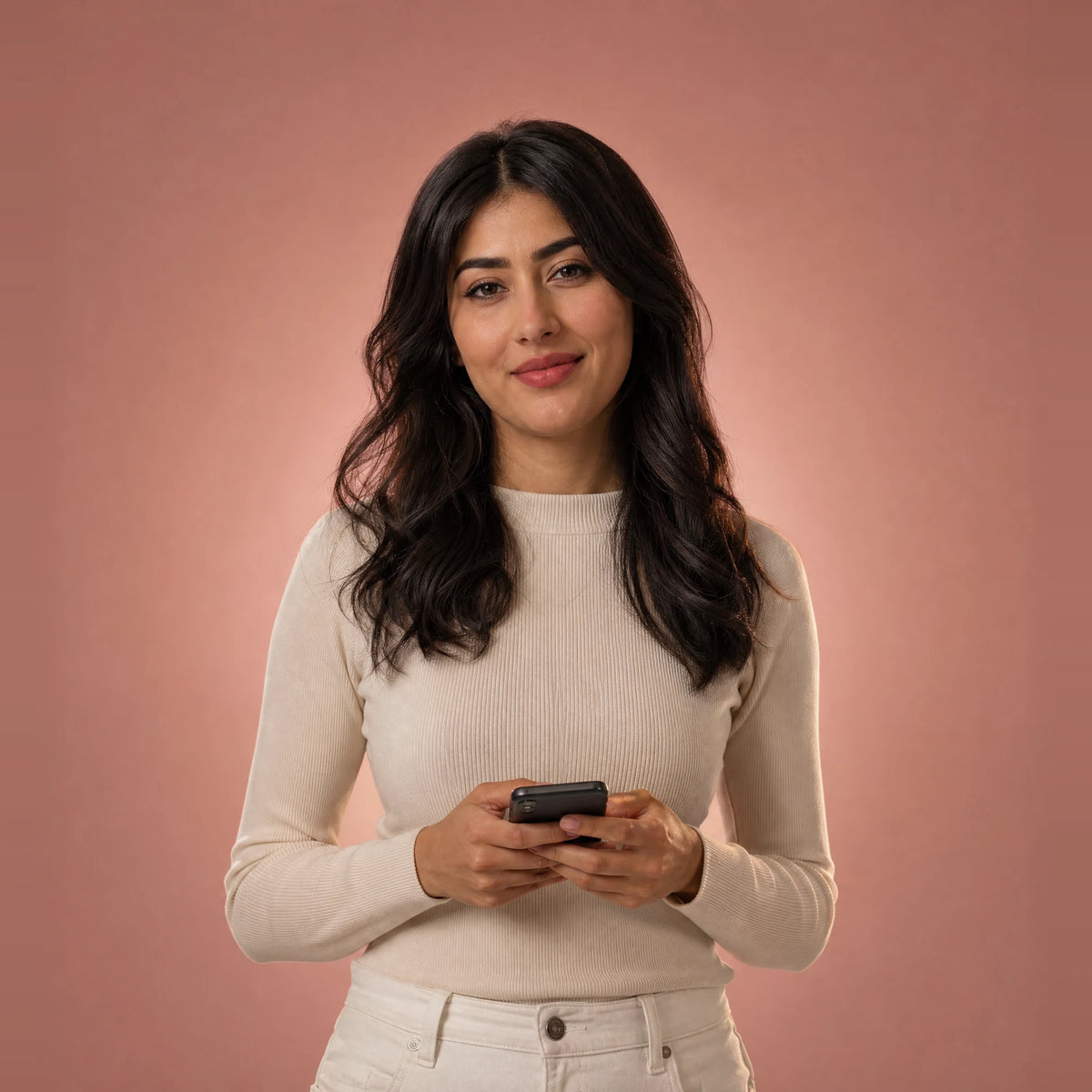Calm woman holding her phone, smiling