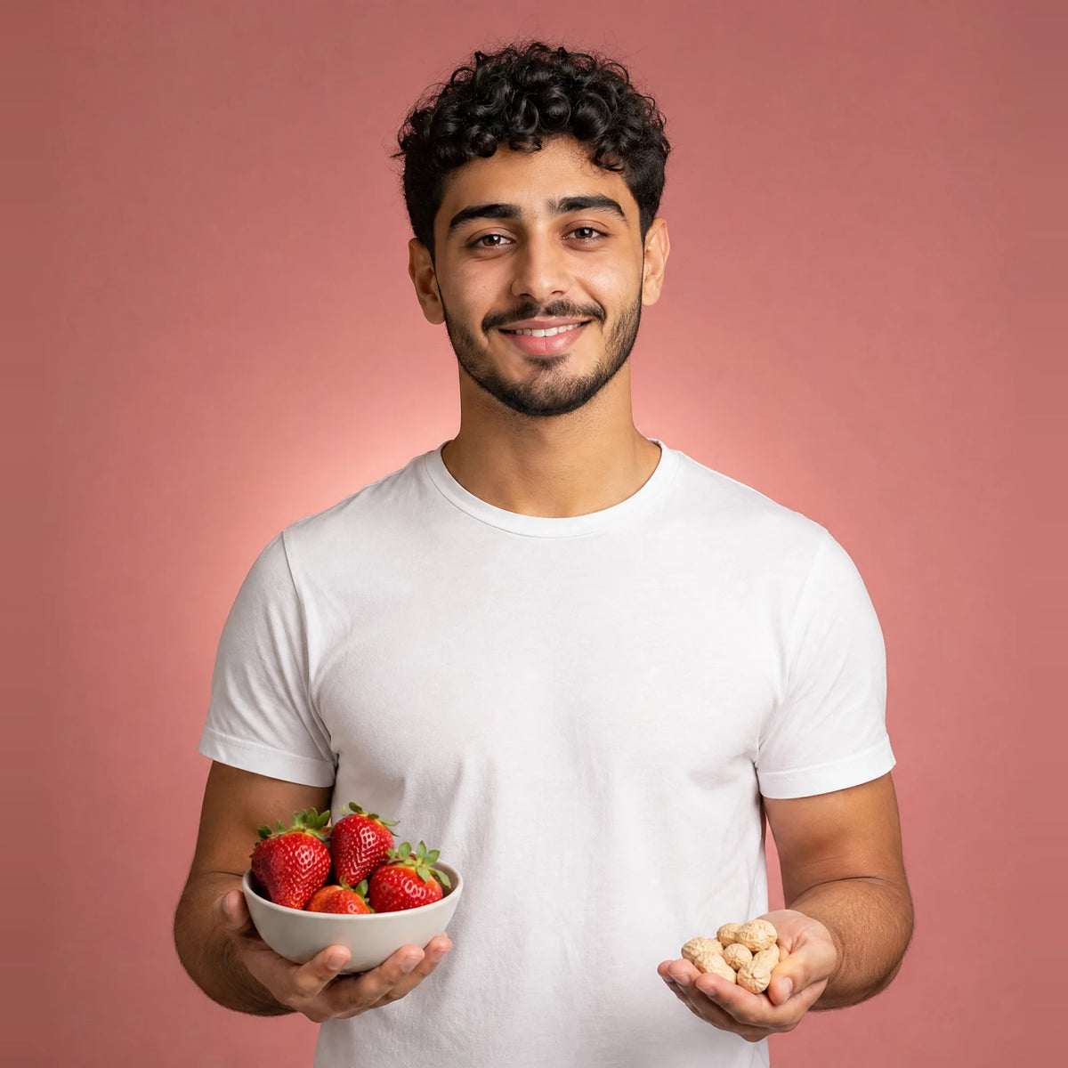 Smiling man holding a bowl of strawberries and a few peanuts