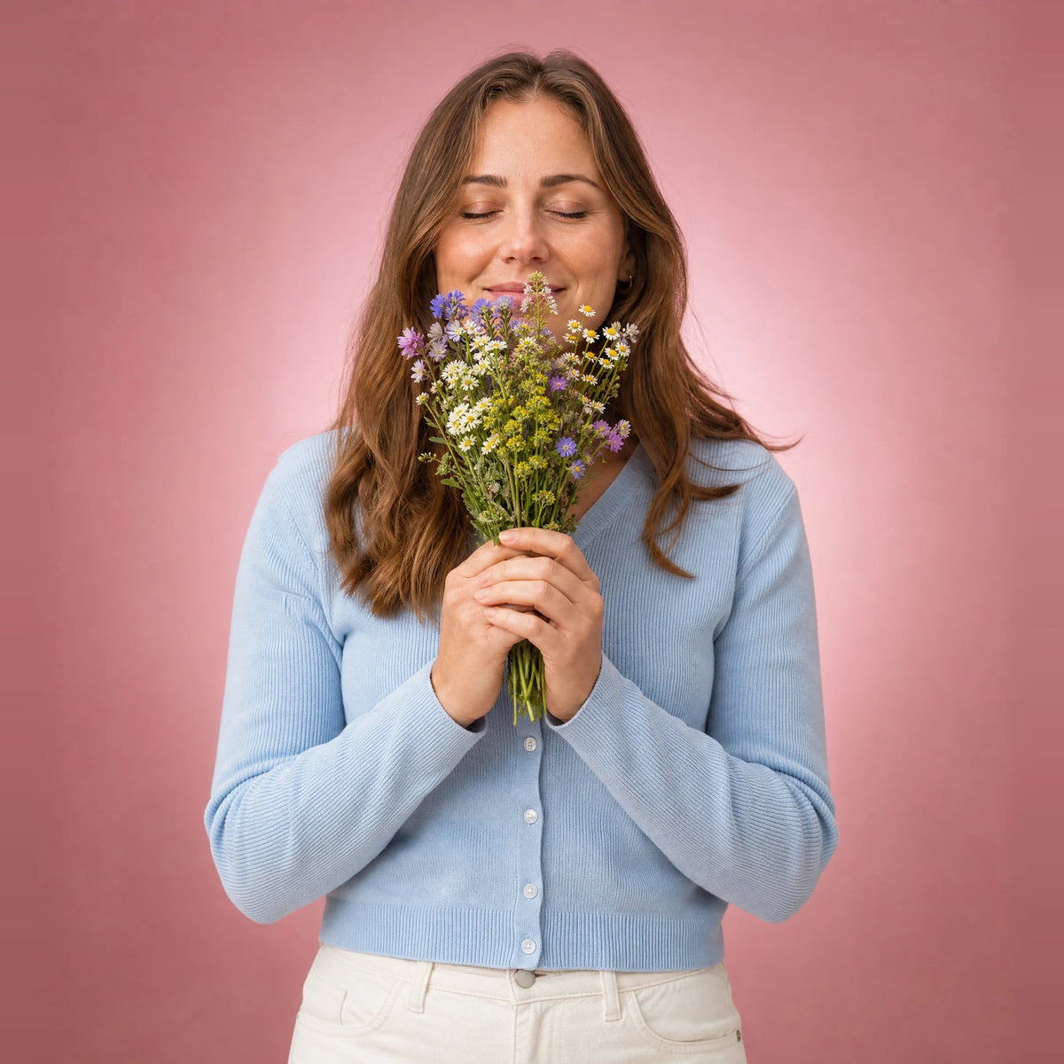 Woman smelling a small bunch of wildflowers