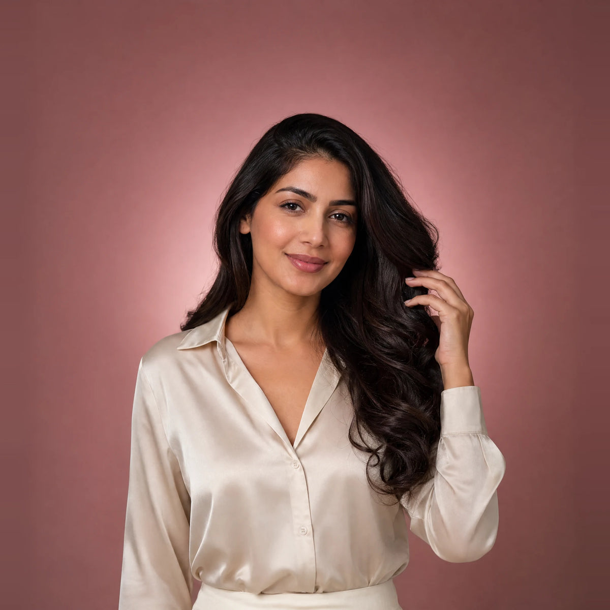 Woman with long wavy dark hair gently touching her hair